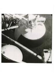 ["Black and white photograph of Surveyor 1, taken by Surveyor 1, on the Moon. June 3rd 1966."]