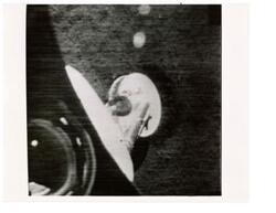 ["Black and white photograph of Surveyor 1 landing gear, taken by Surveyor 1, on the Moon. June 1966"]