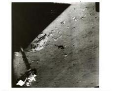 ["Black and white photograph of Moon taken by Surveyor I. June 1966"]