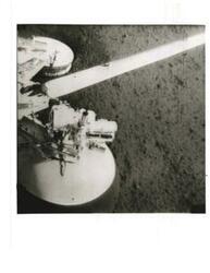 ["Black and white photograph of Surveyor 1, taken by Surveyor 1, on the Moon. June 3rd 1966."]