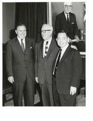 ["Black and white photograph of Carl Albert with George Miller (California) at the Space Committee Reception. March 1965"]