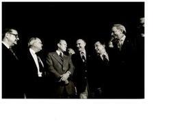 ["Black and white photograph of Carl Albert speaking with Hugh Scott, James O. Eastland, Gerald R. Ford, Mike Mansfield, and Robert C. Byrd. Bipartisan meeting. August 20, 1974"]