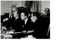 ["Black and white photograph of Thomas P. O'Neill, John Rhodes, Carl Albert, and Richard M. Nixon."]