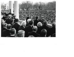 ["Black and white photograph of Richard M. Nixon (from the back) at his presidential inauguration. January 20, 1973"]