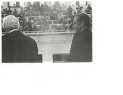 ["Black and white photograph of Richard M. Nixon (right) and Chief Justice of the Supreme Court, Warren E. Burger (left), at Nixon's 2nd term inauguration. January 20, 1973"]