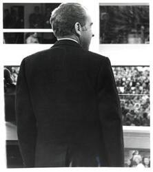 ["Black and white photograph of Richard M. Nixon."]