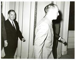 ["Black and white photograph of Carl Albert with astronauts Gordon Cooper and Conrad. September 19, 1965"]