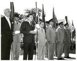 ["Black and white photograph of Secretary of the Army Elvis Stahr welcomes Army veterans in the 87th Congress to a retreat review held in their honor. Fort Meyer, Virginia June 4, 1961. Present are (left to right): Senator Stuart Symington (Missouri); Secretary of the Army Elvis Stahr; Representative Carl Albert (Oklahoma); General C. D. (name indeterminate), Vice-Chief of Staff; Major General P. A. Gavan, OG, Military District of Washington; and Brigadier General H. A. Gerhardt, Chief of Legislative Liaison."]