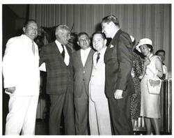 ["Black and white photograph of Reception following a retreat review honoring Army veterans of the 87th Congress. From left: W. J. Bryan Dorn (South Carolina), J. Glenn Beall (Maryland) Olin Teague (Texas), Carl Albert, and Secretary of the Army Elvis Stahr. June 4, 1961"]