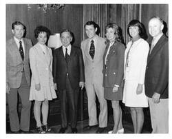 ["Black and white photograph of Carl Albert meeting with Skylab IV astronauts and their wives. May 1974"]