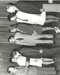 ["Black and white photograph of Carl Albert meeting with Skylab IV astronauts and their wives. May 1974"]