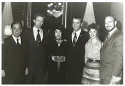 ["Black and white photograph of Carl Albert with astronauts Roosa, Alan B. Shepard, Edwin? Mitchell. Albert staff members Tamara Kitchens and Sue Thompson in photos 3728-2729 and 3733"]