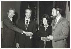 ["Black and white photograph of Carl Albert with astronauts Roosa, Alan B. Shepard, Edwin? Mitchell. Albert staff members Tamara Kitchens and Sue Thompson in photos 3728-2729 and 3733"]