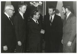 ["Black and white photograph of Carl Albert with astronauts Roosa, Alan B. Shepard, Edwin? Mitchell. Albert staff members Tamara Kitchens and Sue Thompson in photos 3728-2729 and 3733"]