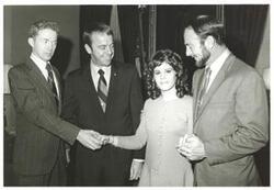 ["Black and white photograph of Carl Albert with astronauts Roosa, Alan B. Shepard, Edwin? Mitchell. Albert staff members Tamara Kitchens and Sue Thompson in photos 3728-2729 and 3733"]