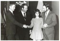 ["Black and white photograph of Carl Albert with astronauts Roosa, Alan B. Shepard, Edwin? Mitchell. Albert staff members Tamara Kitchens and Sue Thompson in photos 3728-2729 and 3733"]