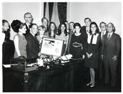["Black and white photograph of Apollo 15 plaque presentation. July 26, 1971.  Carl Albert center left, in Speaker's Office."]