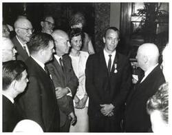 ["Black and white photograph of Astronaut Alan B. Shepard surrounded by a group. Carl Albert lower left and Sam Rayburn at right."]