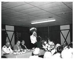 ["Black and white photograph of Carl Albert at a banquet in McAlester, Oklahoma. Armed Forces Day. 1973"]