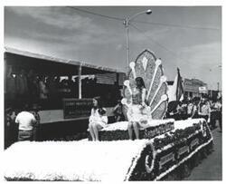 ["Black and white photograph of a parade in McAlester, Oklahoma on Armed Forces Day. 1973"]