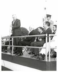 ["Black and white photograph of a retreat review honoring Army veterans in Congress. June 12, 1960.  Carl Albert and Daniel K. Inouye are pictured."]