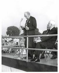 ["Black and white photograph of a retreat review honoring Army veterans in Congress. June 12, 1960."]