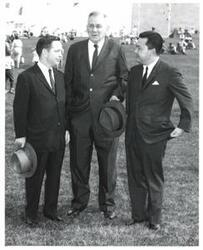 ["Black and white photograph of a retreat review honoring Army veterans in Congress. June 12, 1960.  Carl Albert and Daniel K. Inouye are pictured."]