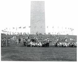 ["Black and white photograph of retreat review honoring Army veterans in Congress. June 12, 1960. Shot of the crowd at event with Washington Monument in the background"]