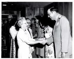 ["Black and white photograph of the receiving line at a reception at McAlester, Oklahoma on Armed Forces Day. 1974"]