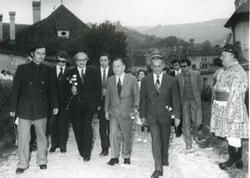 ["Black and white photograph print of  Carl Albert with several men walking down the street during the House delegation trip. August 1975"]