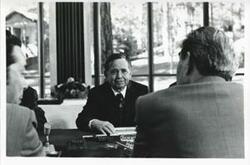 ["Black and white photograph print of Carl Albert talking with Leonid Brezhnev in Yalta. August 1975"]