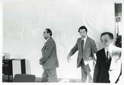 ["Black and white photograph print of Carl Albert, Leonid Brezhnev, and an unidentified gentleman. In Yalta for House delegation. August 1975"]