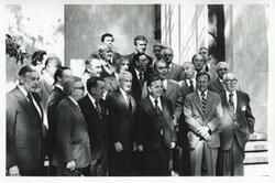 ["Black and white photograph print of Carl Albert, Leonid Brezhnev, and others posing for a picture. House delegation trip. August 1975"]