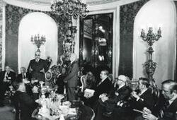["Black and white photograph print of Carl Albert seated with Clement Zablocki, John Brademas, and Robert Michel. House delegation trip to USSR, Romania, and Yugoslavia. August 1975"]