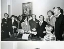 ["Black and white photograph of Apollo-Soyuz mission. Carl Albert at Soviet cosmonauts reception. October 22, 1975 Pictured are Tom Stafford, Alexei Leonov, and Valeri Kubasov.  Picture is missing."]