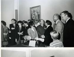 ["Black and white photograph of Apollo-Soyuz mission. Carl Albert at Soviet cosmonauts reception. October 22, 1975 Pictured are Tom Stafford, Alexei Leonov, and Valeri Kubasov.  Picture is missing."]