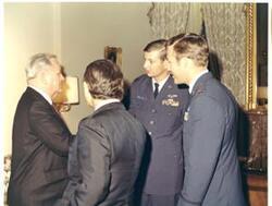 ["Color photograph of Carl Albert with 8-A's (Air Force organization).  Officers last names are Ritchie (right) and Debellevue (center right). 1972."]