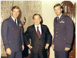 ["Color photograph of Carl Albert with 8-A's (Air Force organization).  Officers last names are Ritchie (left) and Debellevue (right). 1972."]