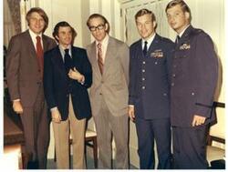 ["Color photograph of 8-A's (Air Force organization) and other unidentified men in Speaker's office, 1972.  Officers' last names are: Ritchie (2nd from right) and Debellevue (right)"]