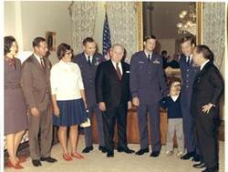 ["Color photograph of Carl Albert with 8-A's (Air Force organization) in Speaker's office, 1972."]
