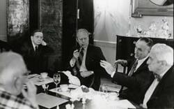 ["Black and white photograph of Gerald R. Ford, Carl Albert and Mike Mansfield shown at a bipartisan leadership breakfast on September 18, September 18, 1974"]
