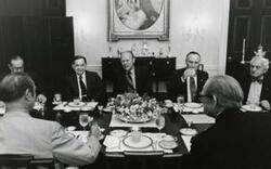 ["Black and white photograph of Gerald R. Ford, Carl Albert, John Rhodes, Hugh Scott, and Mike Mansfield shown at a bipartisan leadership breakfast on September 18, September 18, 1974"]