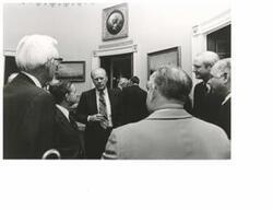 ["Black and white photograph of Gerald R. Ford, Carl Albert, John Rhodes, Hugh Scott, and Mike Mansfield shown at a bipartisan leadership breakfast on September 23, September 23, 1974"]