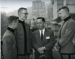 ["Black and white photograph of Carl Albert and three unidentified West Point military cadets, at the academy. May 6, 1969."]