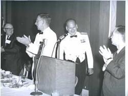 ["Black and white photograph of banquet in McAlester, Oklahoma on Armed Forces Day. 1967. Carl Albert is on the right"]
