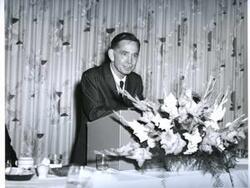 ["Carl Albert speaking at a banquet in McAlester, Oklahoma on Armed Forces Day 1967"]