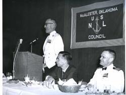 ["Carl Albert speaking at a banquet in McAlester, Oklahoma on Armed Forces Day 1967"]