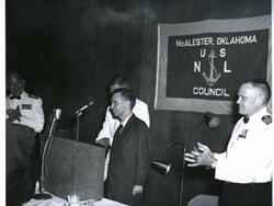 ["Carl Albert speaking at a banquet in McAlester, Oklahoma on Armed Forces Day 1967"]