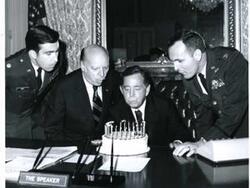 ["Carl Albert with Robert L. F. Sikes (Florida), Colonel Vernon Frye (right) and Major Phil Drew celebrate the 25th anniversary of the Air Force as a separate service."]
