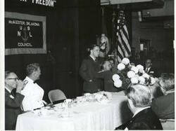 ["Carl Albert speaking at a banquet in McAlester, Oklahoma on Armed Forces Day. 1970"]
